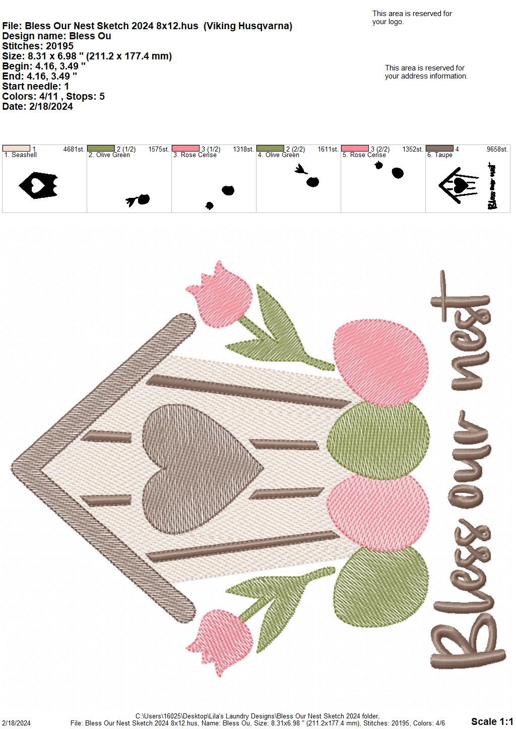Bless Our Nest Sketch 2024 - 4 Sizes - Digital Embroidery Design