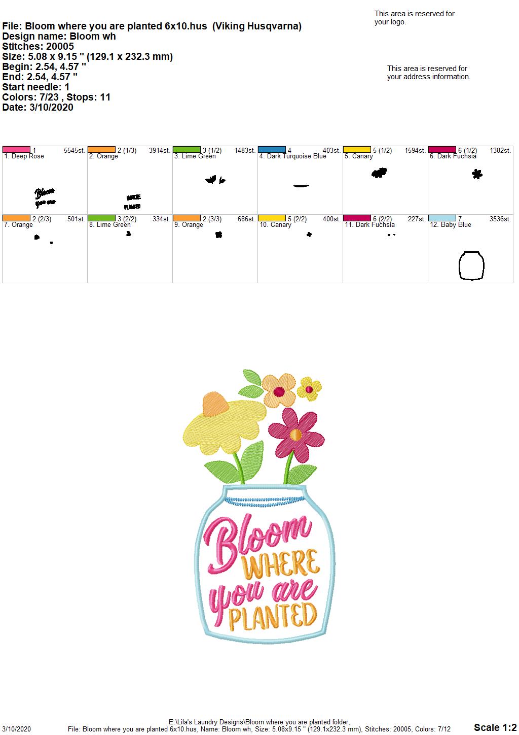 Bloom Where you are planted - 2 Sizes - Digital Embroidery Design