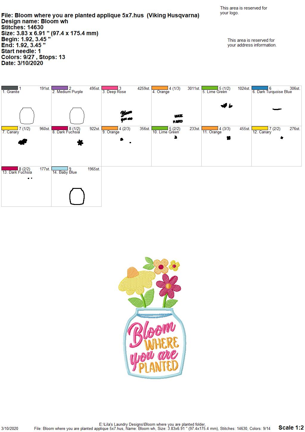 Bloom Where you are planted - 2 Sizes - Digital Embroidery Design