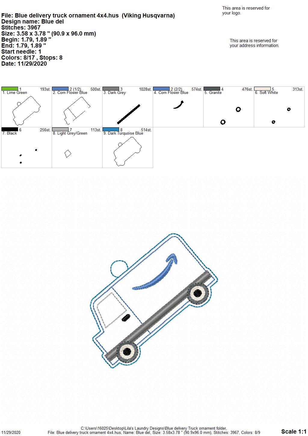 Blue Delivery Truck Ornament - Digital Embroidery Design