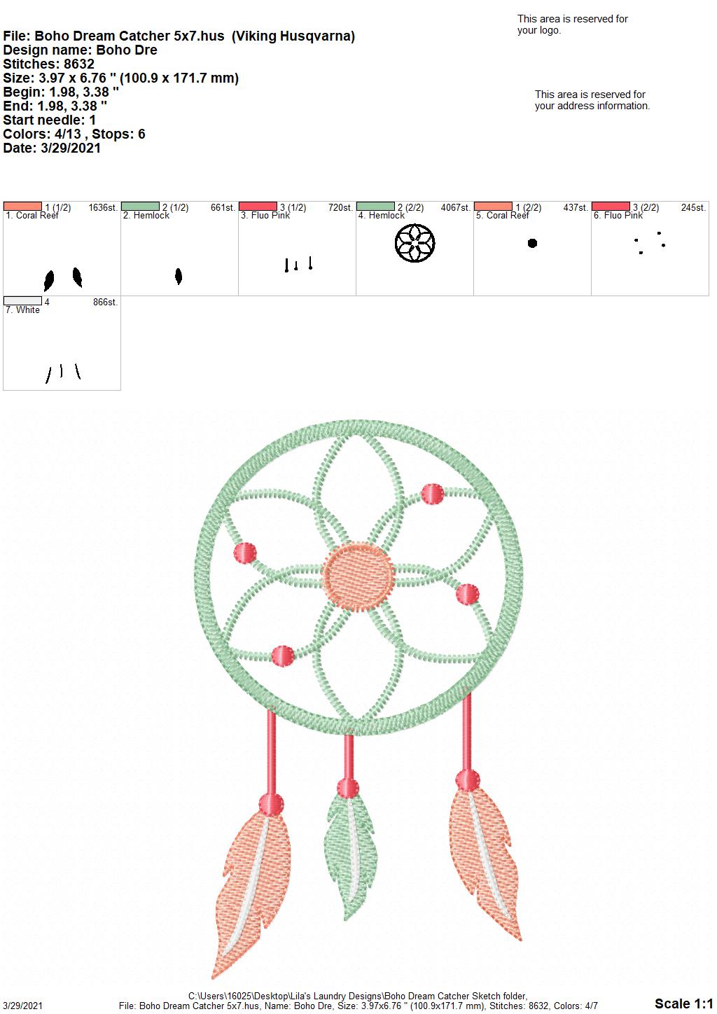 Boho Dream Catcher Sketch - 4 sizes- Digital Embroidery Design