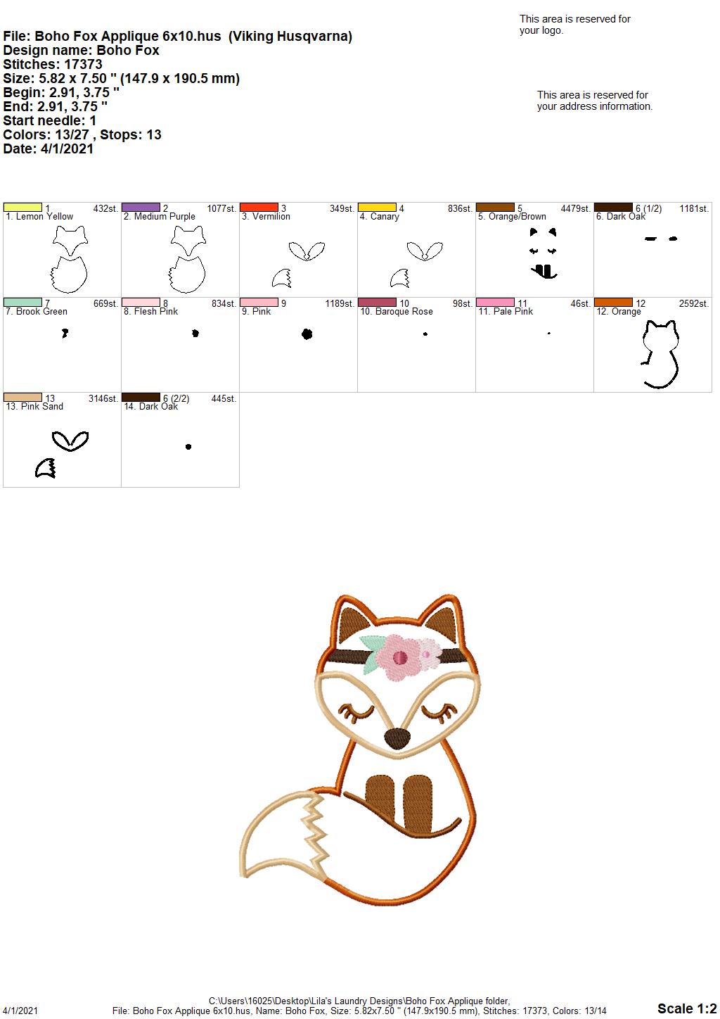 Boho Fox Applique - 3 sizes- Digital Embroidery Design