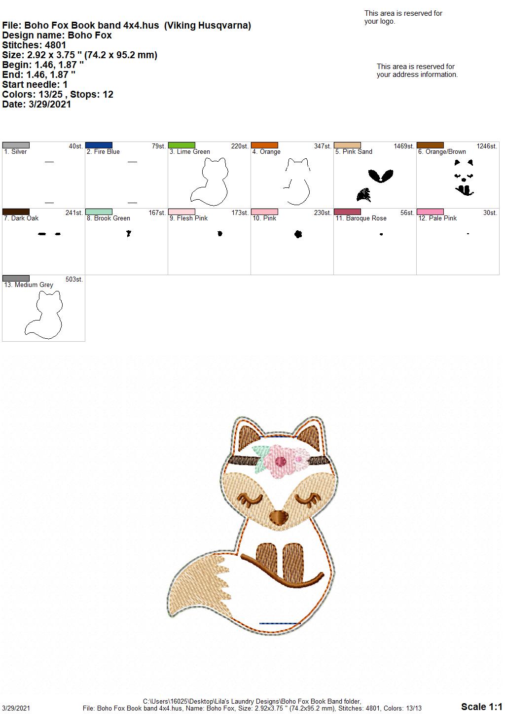 Boho Fox Book Band - Embroidery Design, Digital File