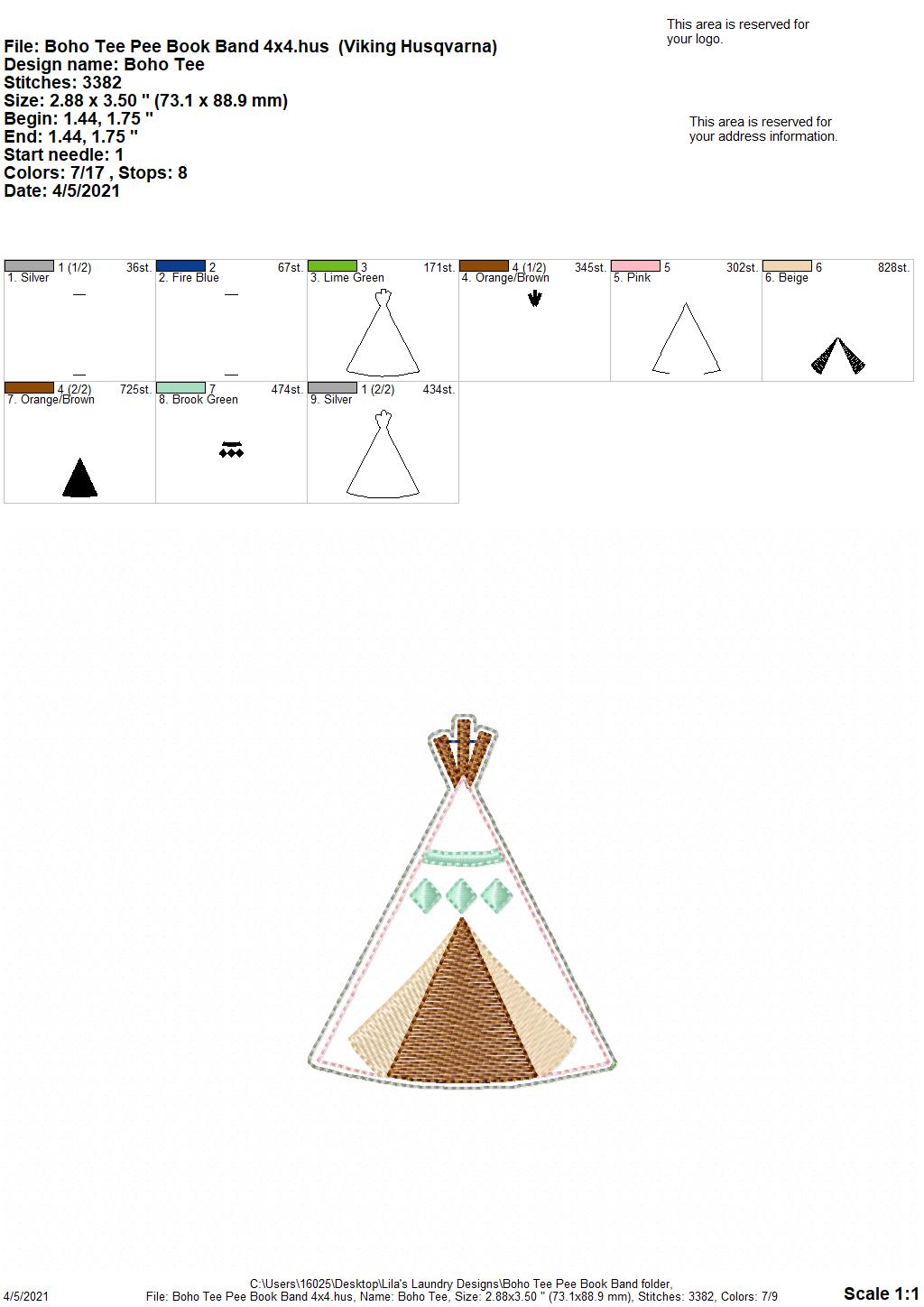 Boho TeePee Book Band - Embroidery Design, Digital File