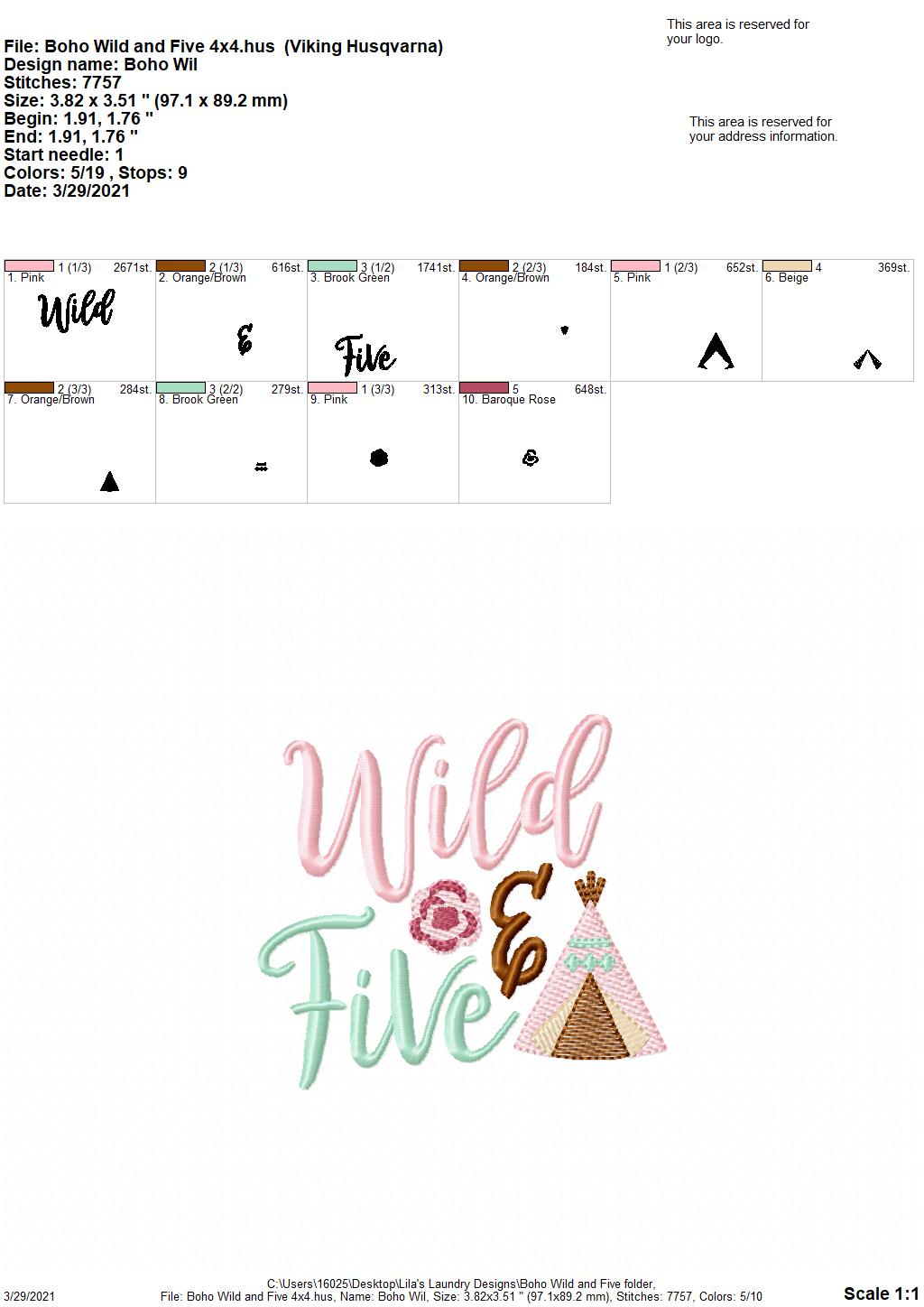 Boho Wild and Five- 4 sizes- Digital Embroidery Design