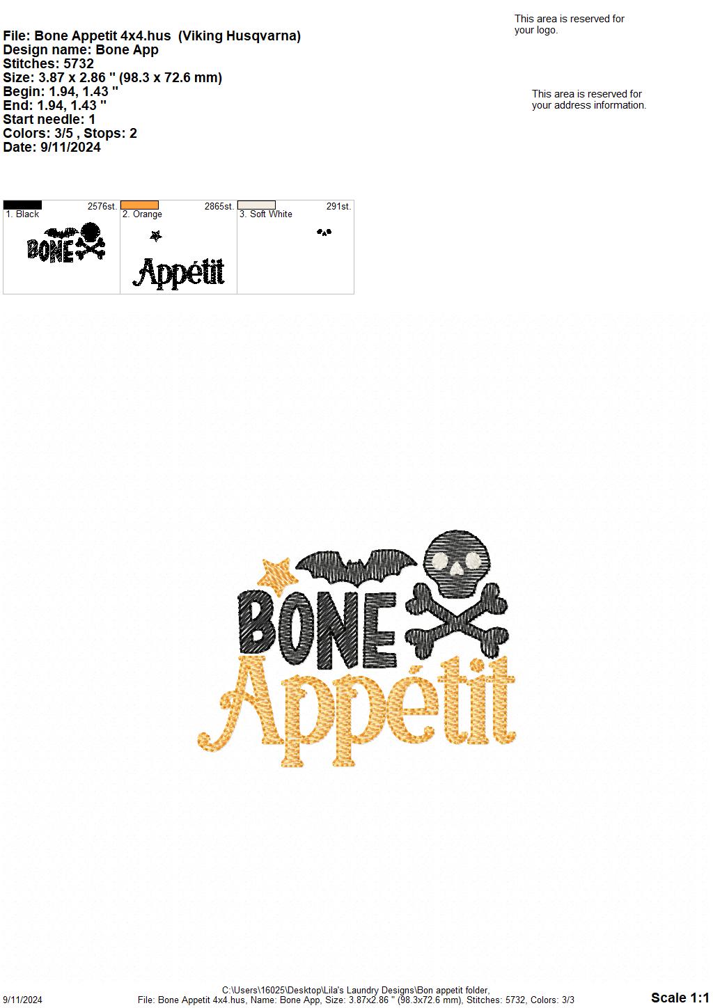 Bone Appetit - 4 sizes - Digital Embroidery Design
