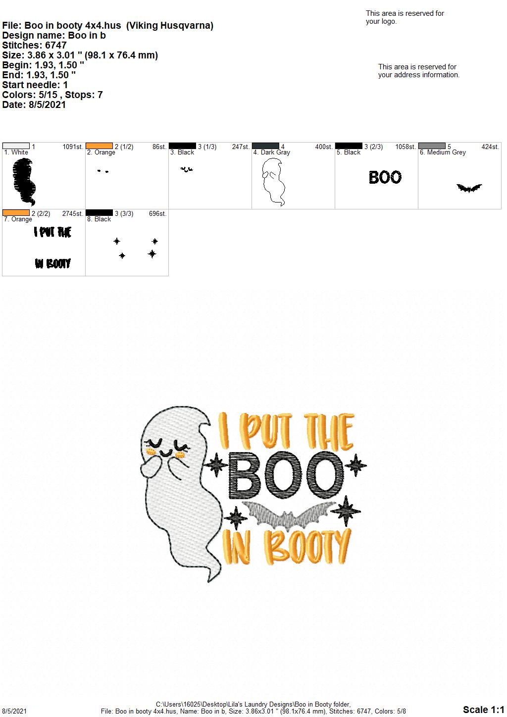 Boo in Booty - 4 sizes- Digital Embroidery Design
