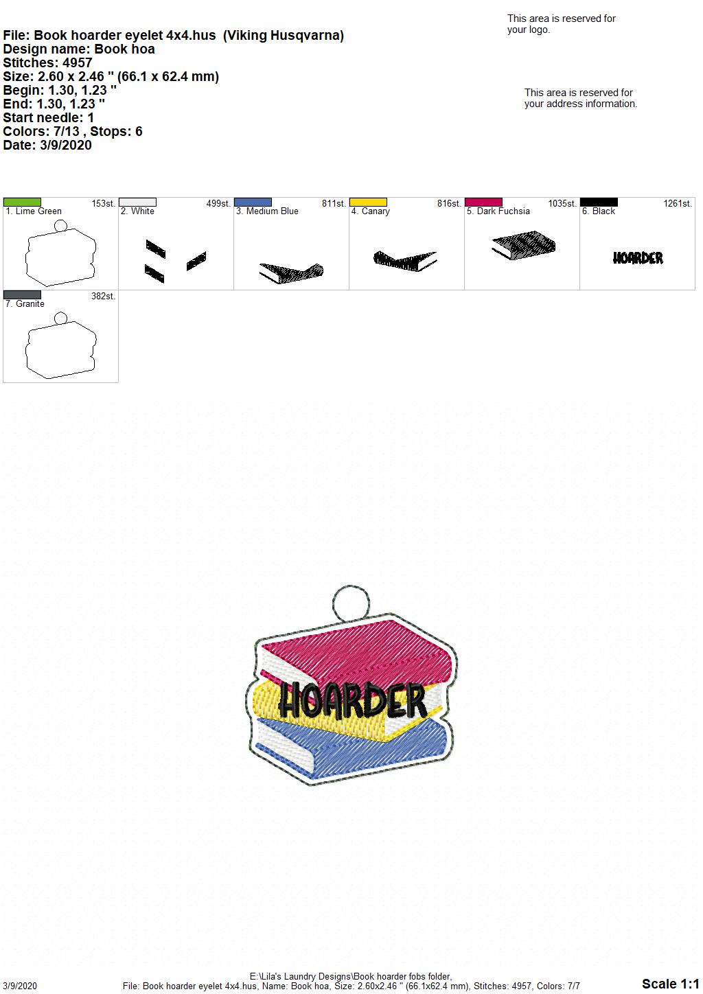 Book Hoarder Fobs -  DIGITAL Embroidery DESIGN