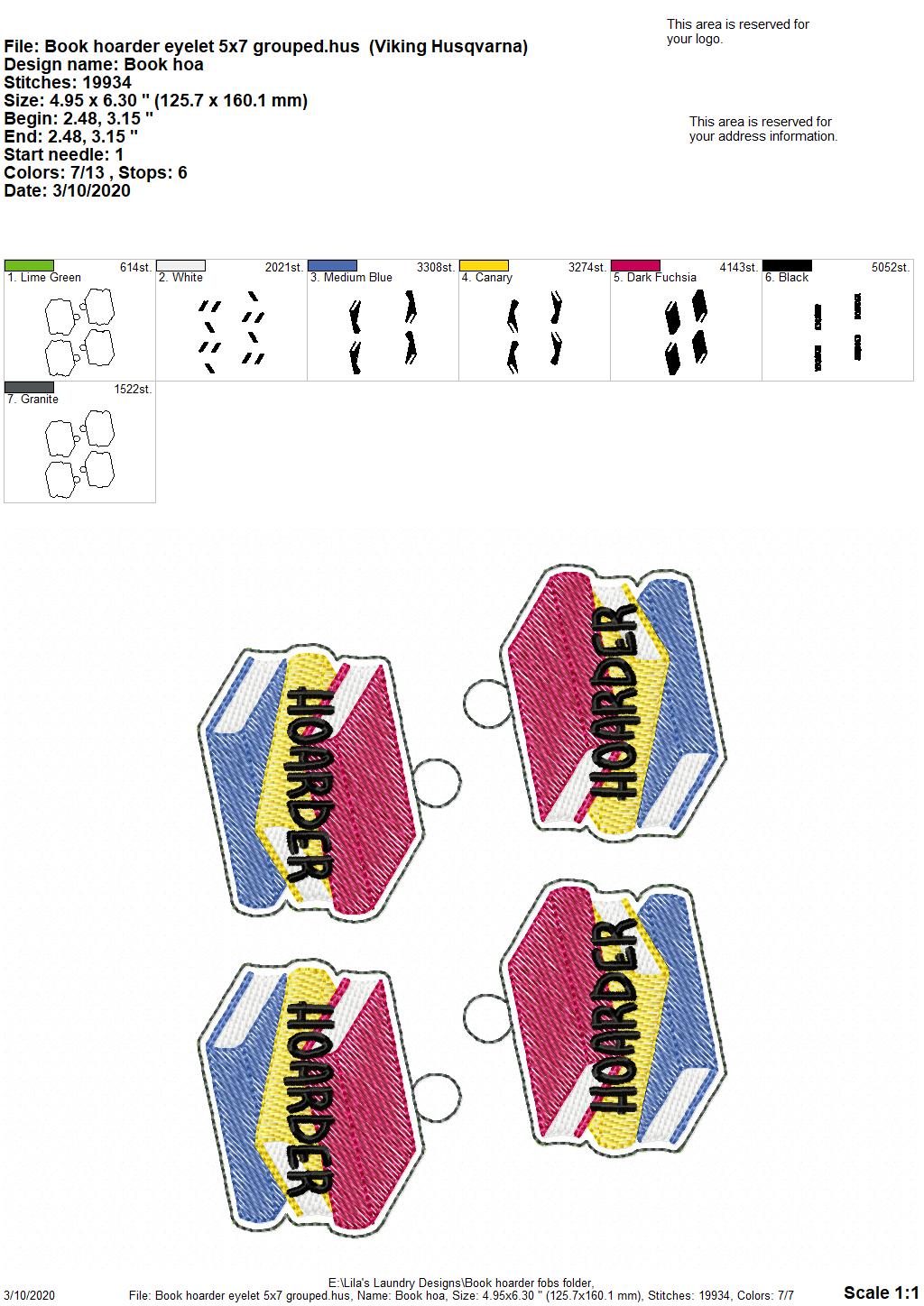 Book Hoarder Fobs -  DIGITAL Embroidery DESIGN