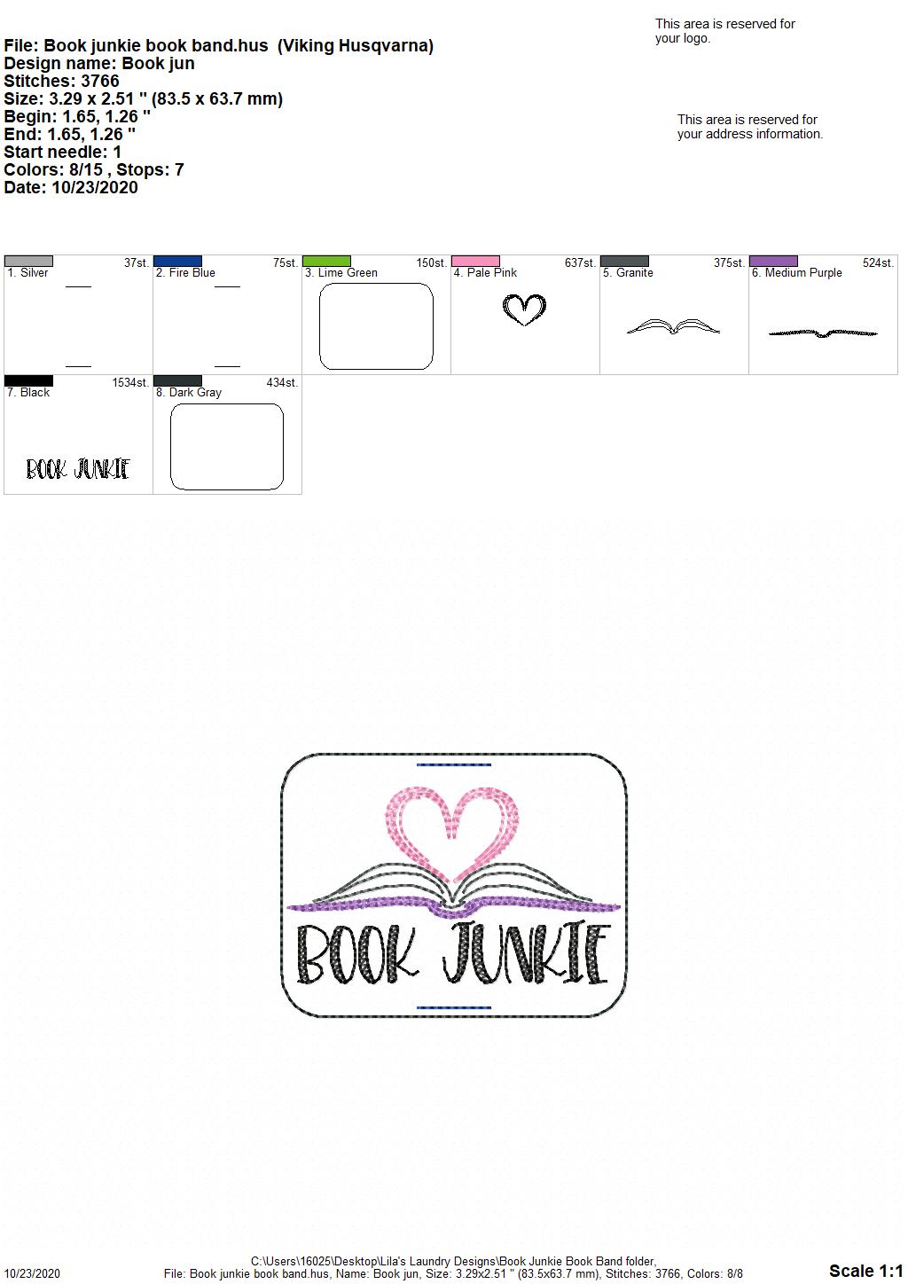 Book Junkie - Book Band - Embroidery Design, Digital File