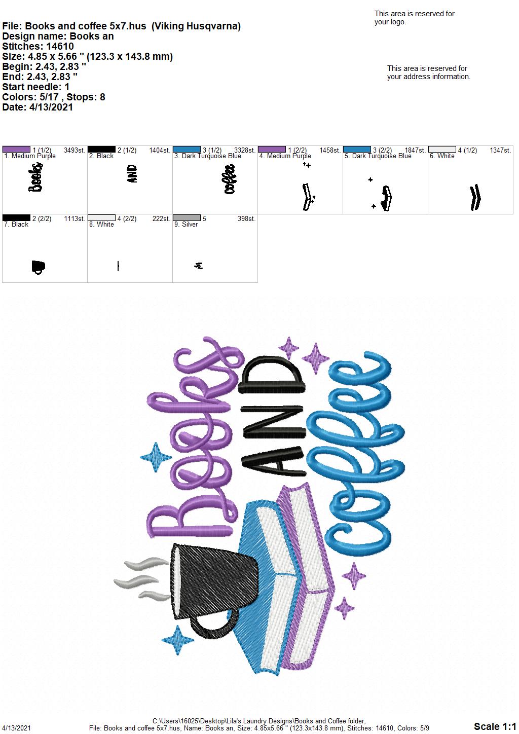 Books and Coffee - 3 sizes- Digital Embroidery Design