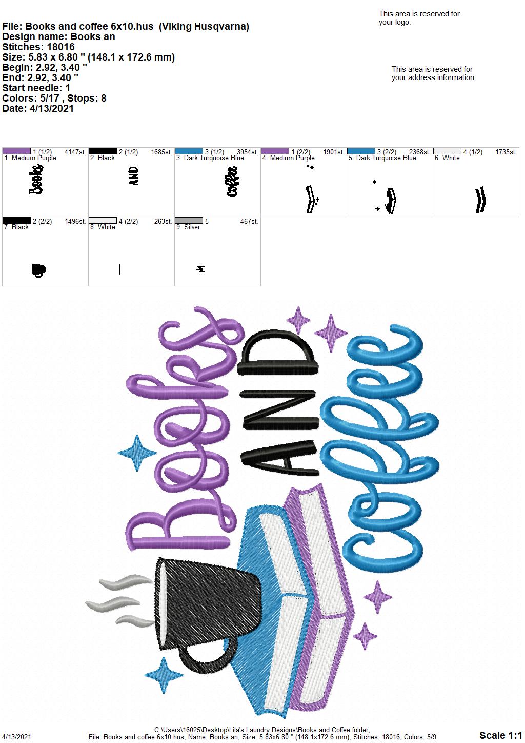 Books and Coffee - 3 sizes- Digital Embroidery Design