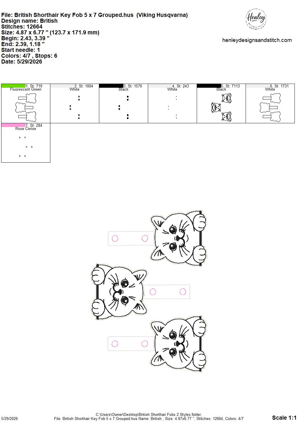 British Shorthair Cat Key Fobs - 2 Styles - DIGITAL Embroidery DESIGN