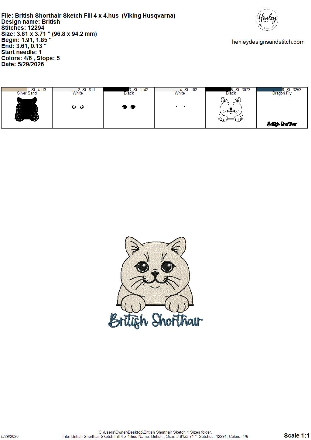 Sketch British Shorthair Cat  - 4 x 4, 5 x 7, 6 x 10 and 8 x 12 - DIGITAL Embroidery Design