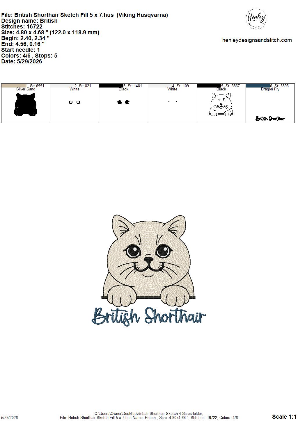 Sketch British Shorthair Cat  - 4 x 4, 5 x 7, 6 x 10 and 8 x 12 - DIGITAL Embroidery Design