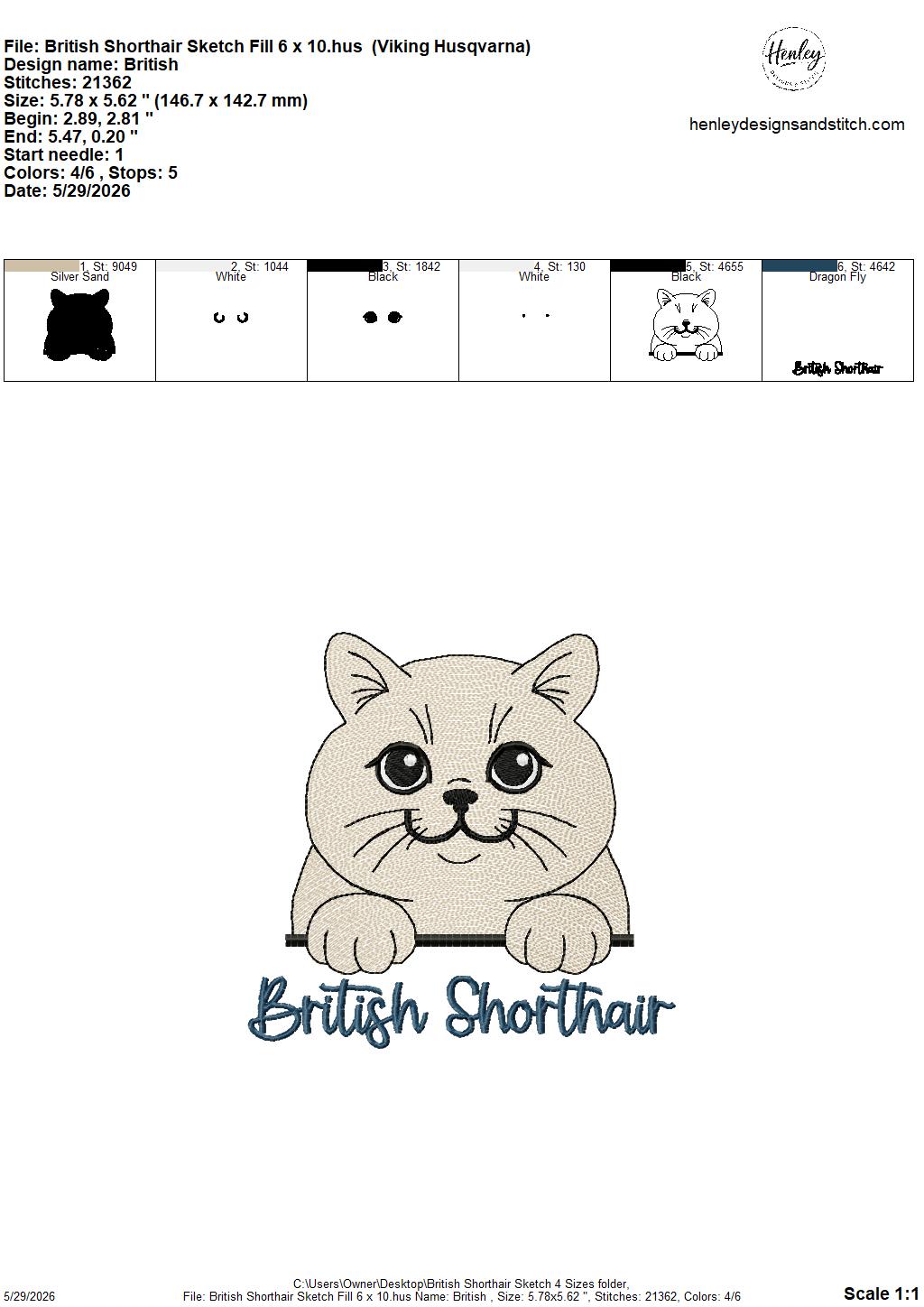 Sketch British Shorthair Cat  - 4 x 4, 5 x 7, 6 x 10 and 8 x 12 - DIGITAL Embroidery Design