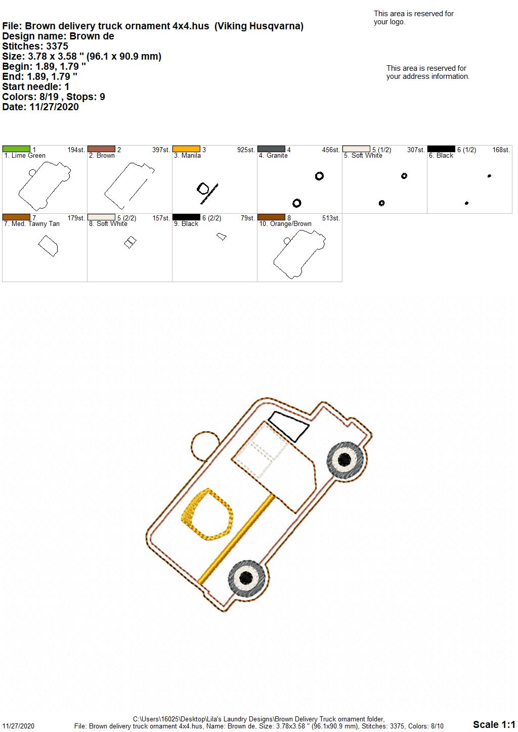 Brown Delivery Truck Ornament - Digital Embroidery Design