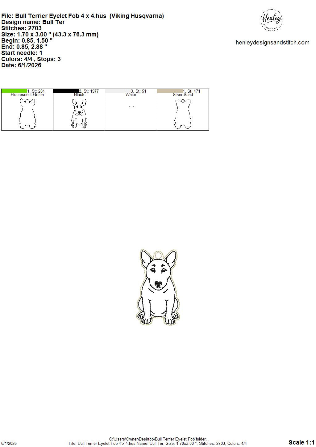 Bull Terrier – Dog – Eyelet Fob – DIGITAL Embroidery DESIGN