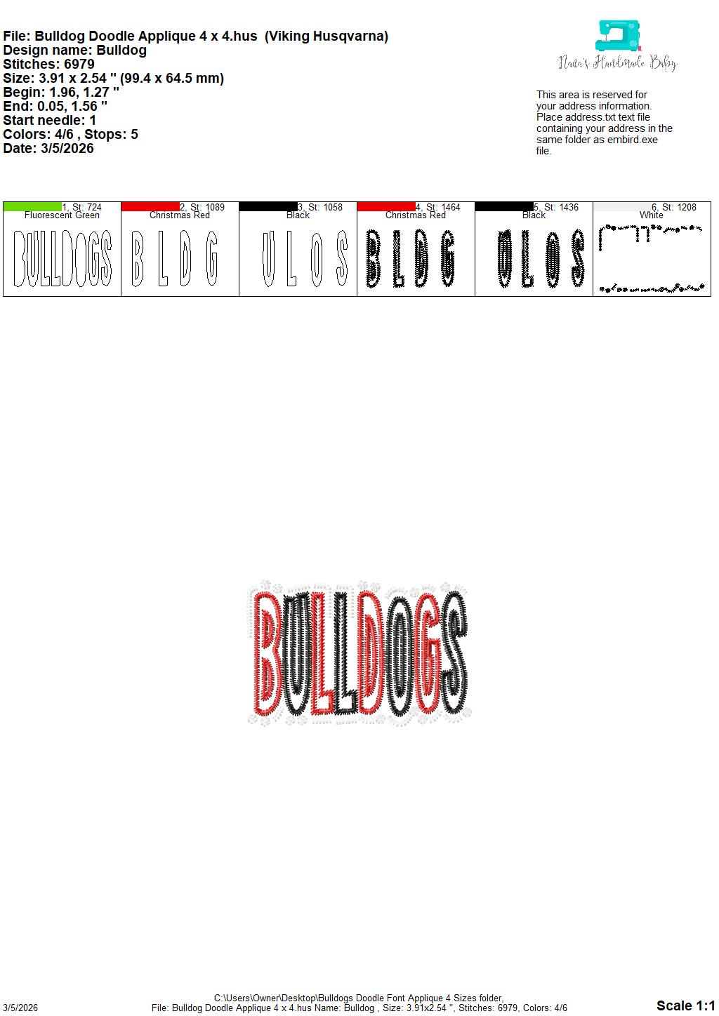 Bulldogs Doodle Font Applique – 4 x 4, 5 x 7, 6 x 10 and 8 x 12 – DIGITAL Embroidery Design