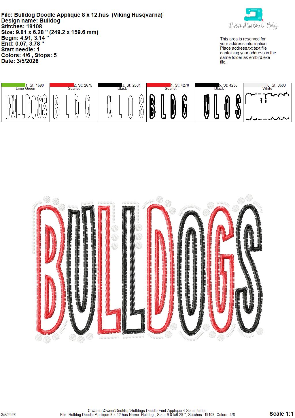 Bulldogs Doodle Font Applique – 4 x 4, 5 x 7, 6 x 10 and 8 x 12 – DIGITAL Embroidery Design