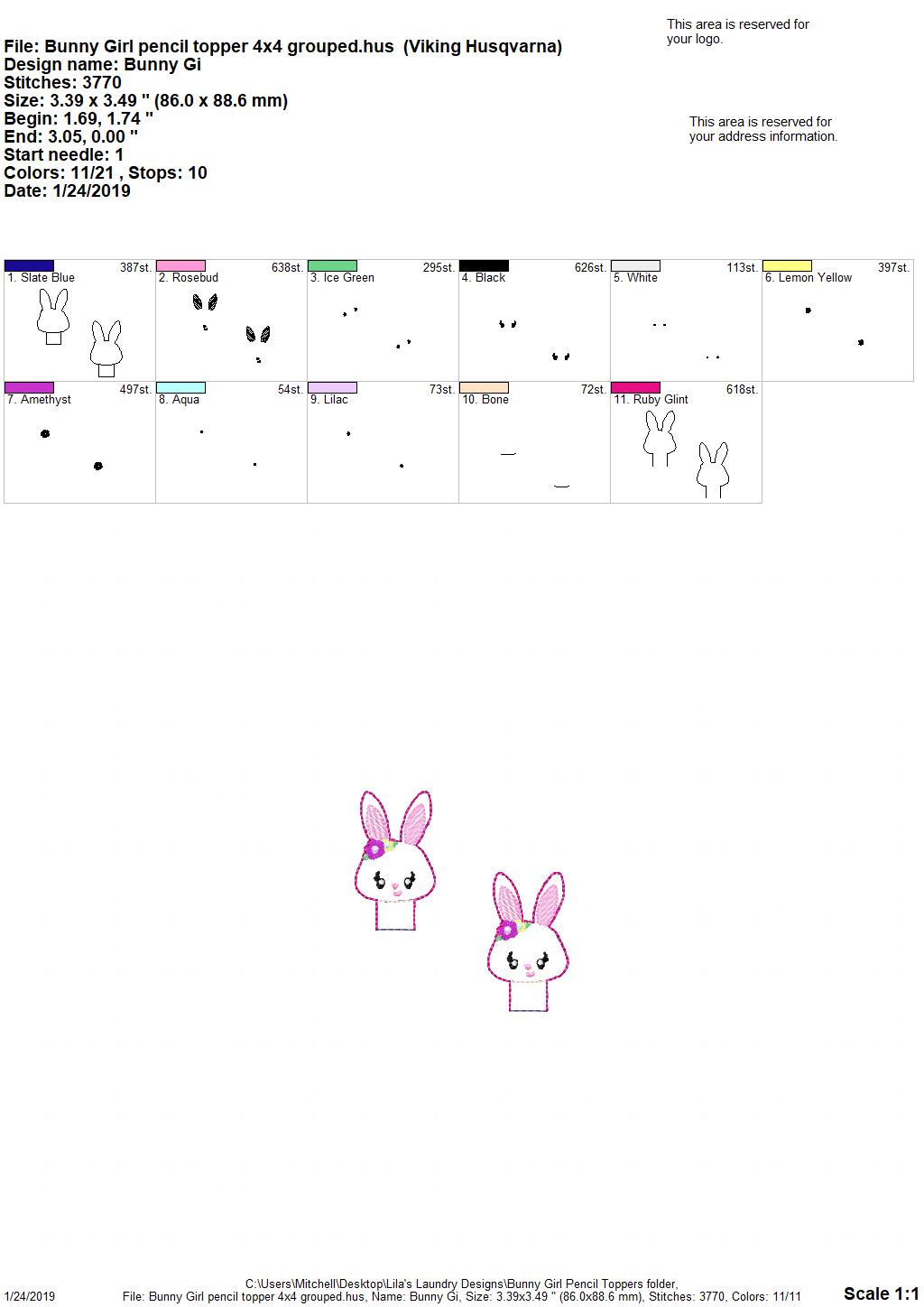Bunny Girl Pencil Topper - Embroidery Design - DIGITAL Embroidery DESIGN