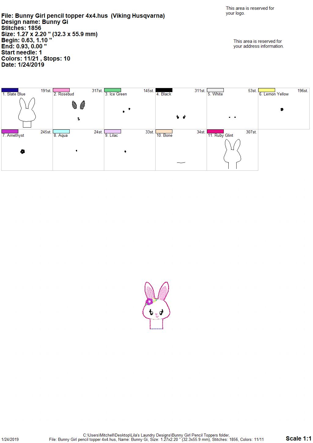Bunny Girl Pencil Topper - Embroidery Design - DIGITAL Embroidery DESIGN