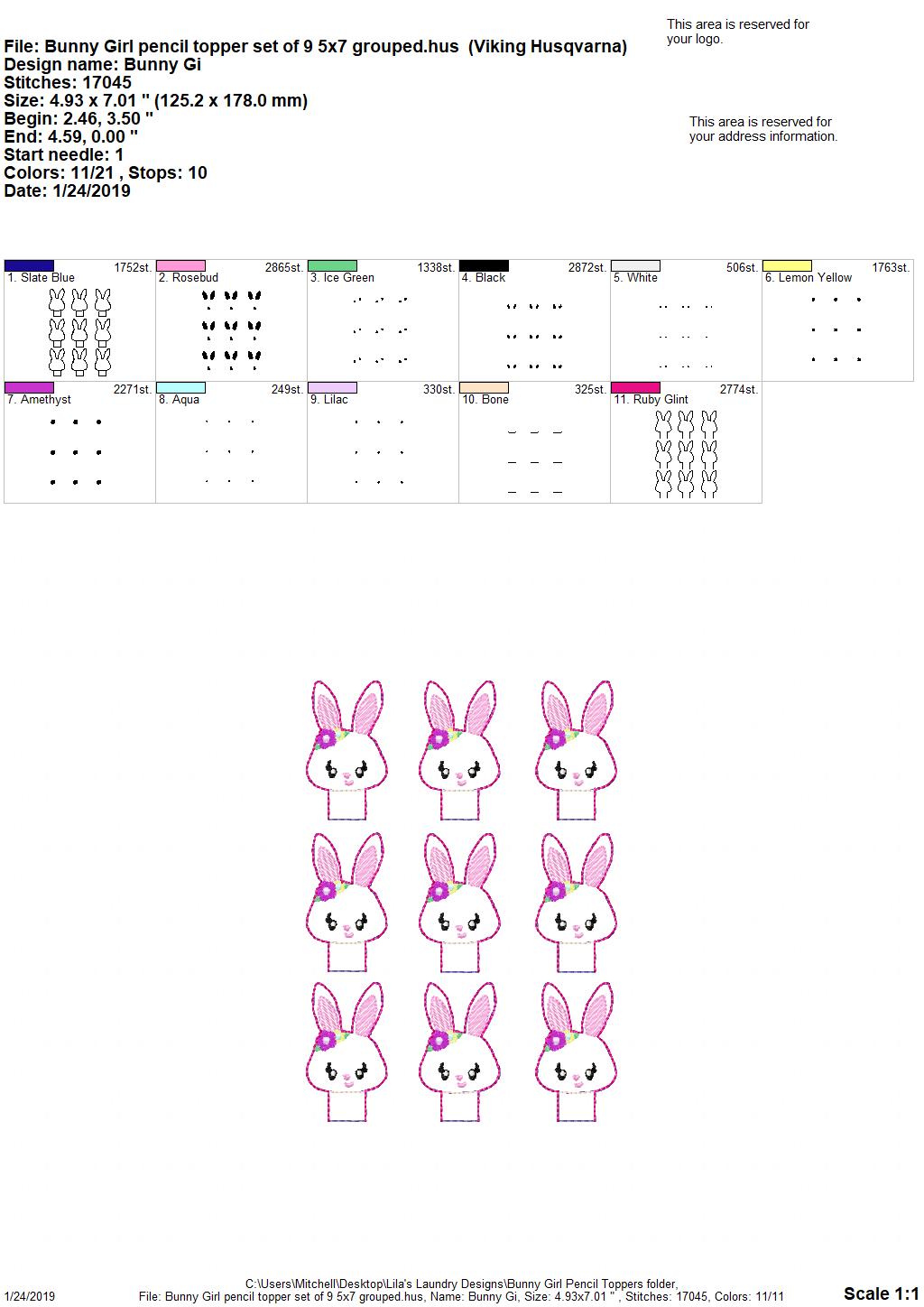 Bunny Girl Pencil Topper - Embroidery Design - DIGITAL Embroidery DESIGN