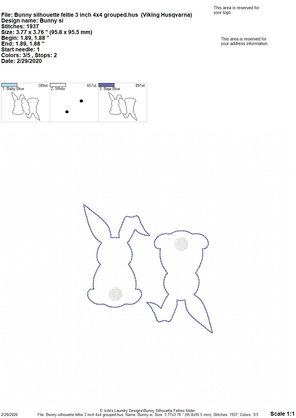 Bunny Silhouette Felties - 4 sizes - 4x4 and 5x7 Grouped- Digital Embroidery Design