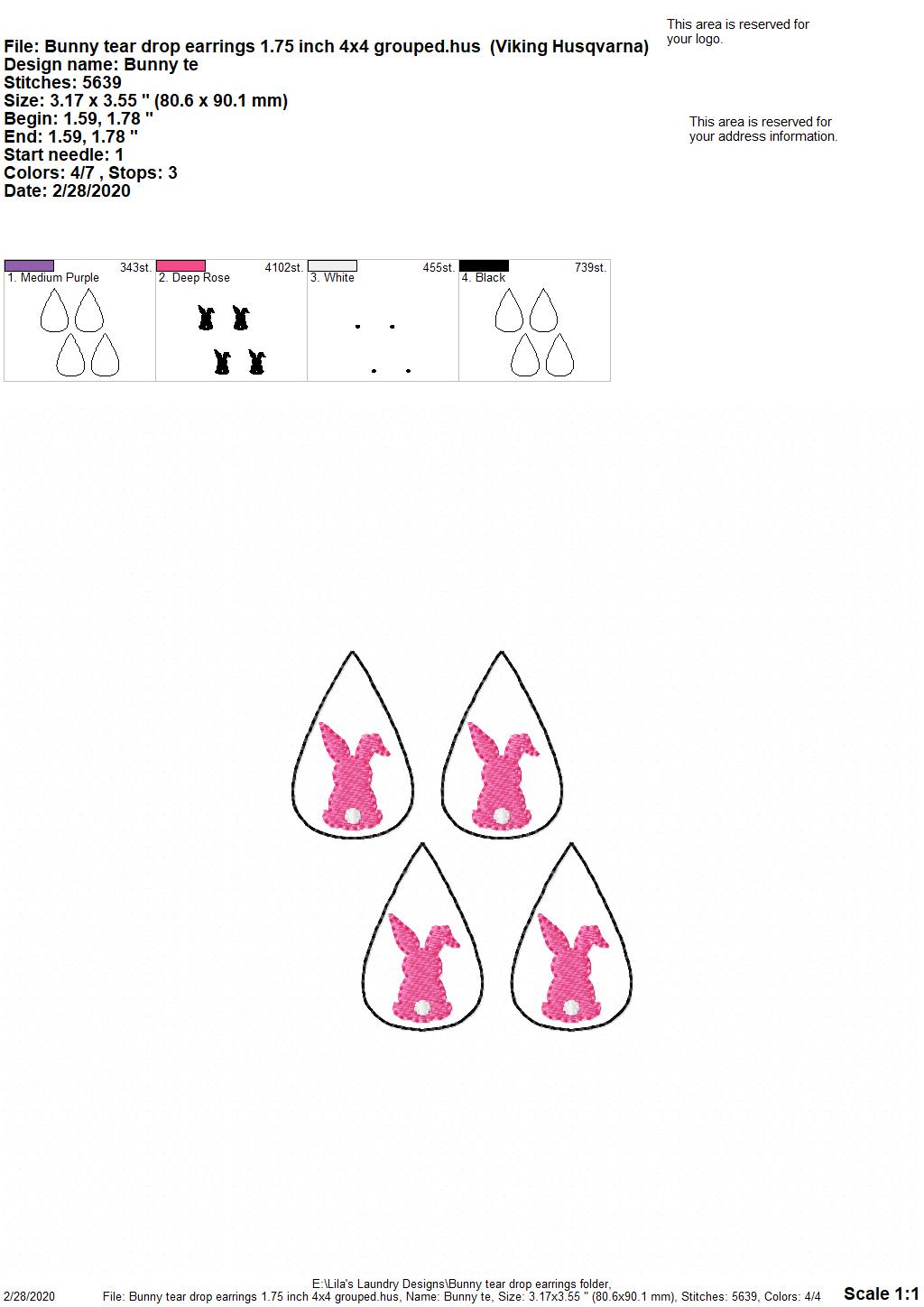 Bunny Tear Drop Earrings - 3 sizes - 4x4 and 5x7 Grouped- Digital Embroidery Design