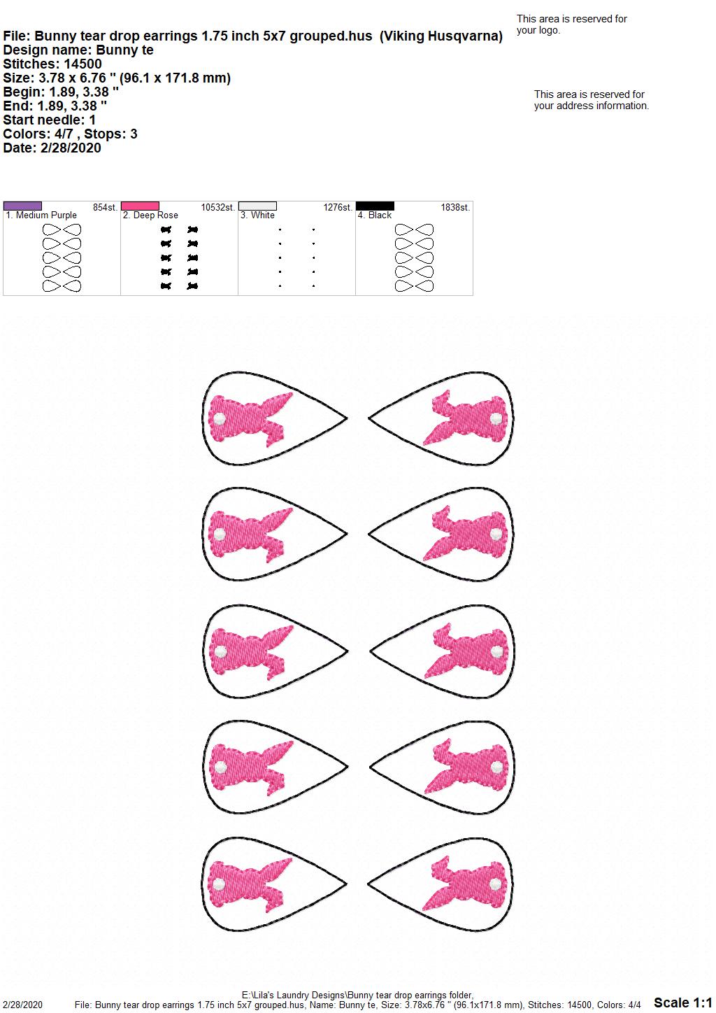 Bunny Tear Drop Earrings - 3 sizes - 4x4 and 5x7 Grouped- Digital Embroidery Design
