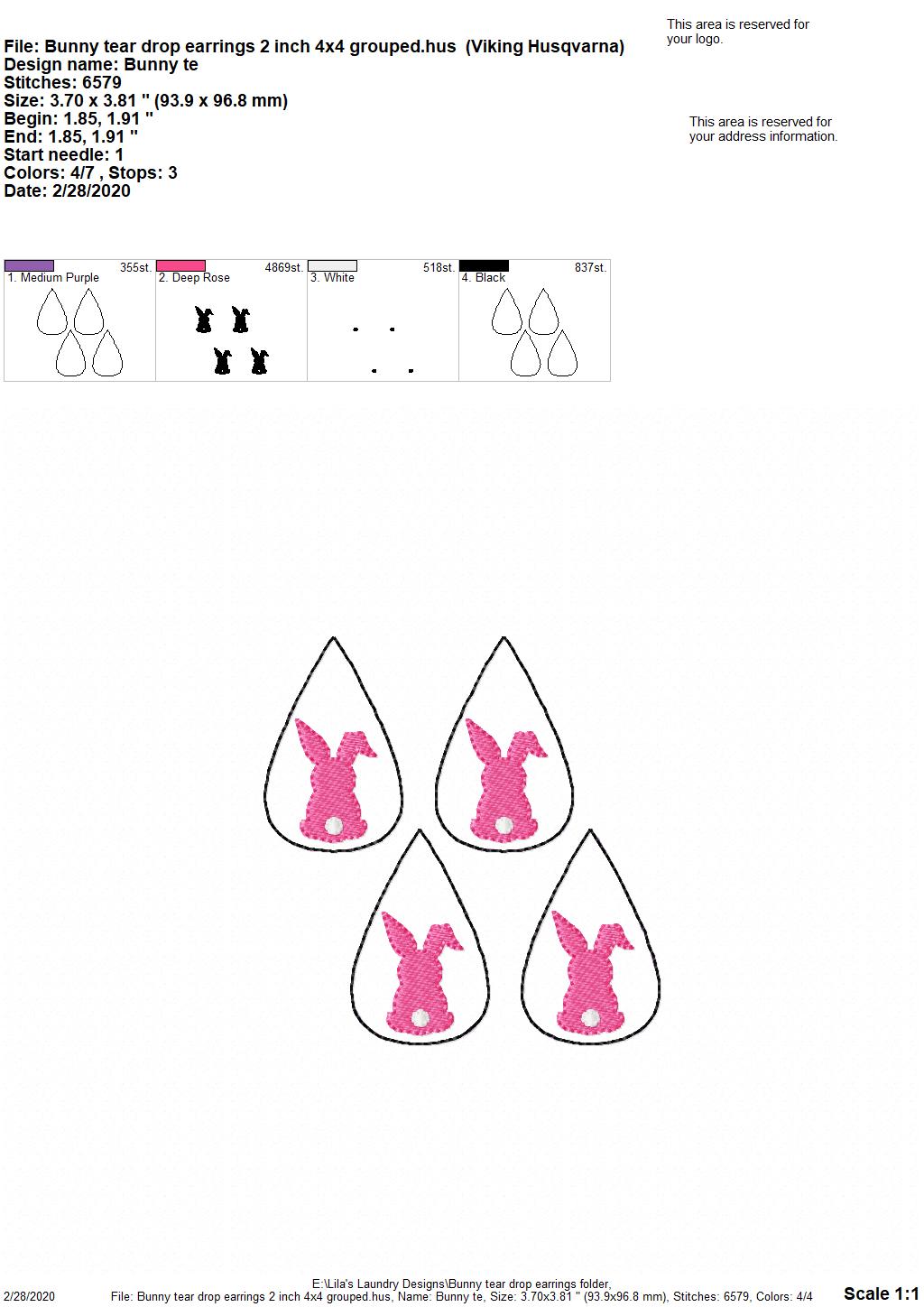 Bunny Tear Drop Earrings - 3 sizes - 4x4 and 5x7 Grouped- Digital Embroidery Design