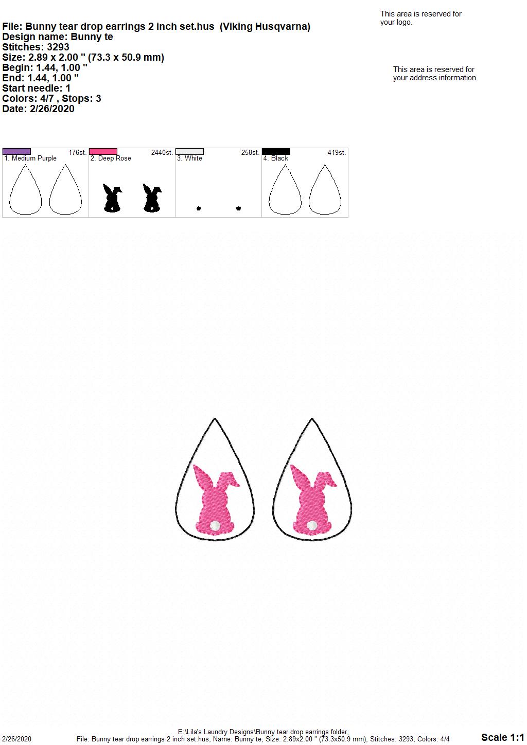 Bunny Tear Drop Earrings - 3 sizes - 4x4 and 5x7 Grouped- Digital Embroidery Design