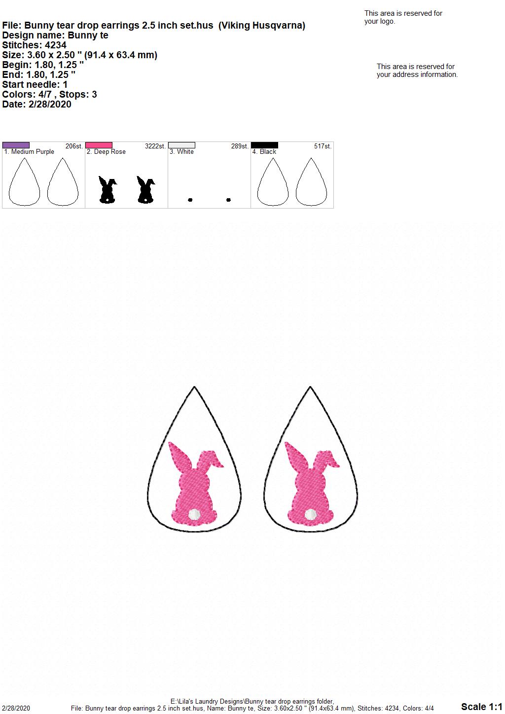 Bunny Tear Drop Earrings - 3 sizes - 4x4 and 5x7 Grouped- Digital Embroidery Design