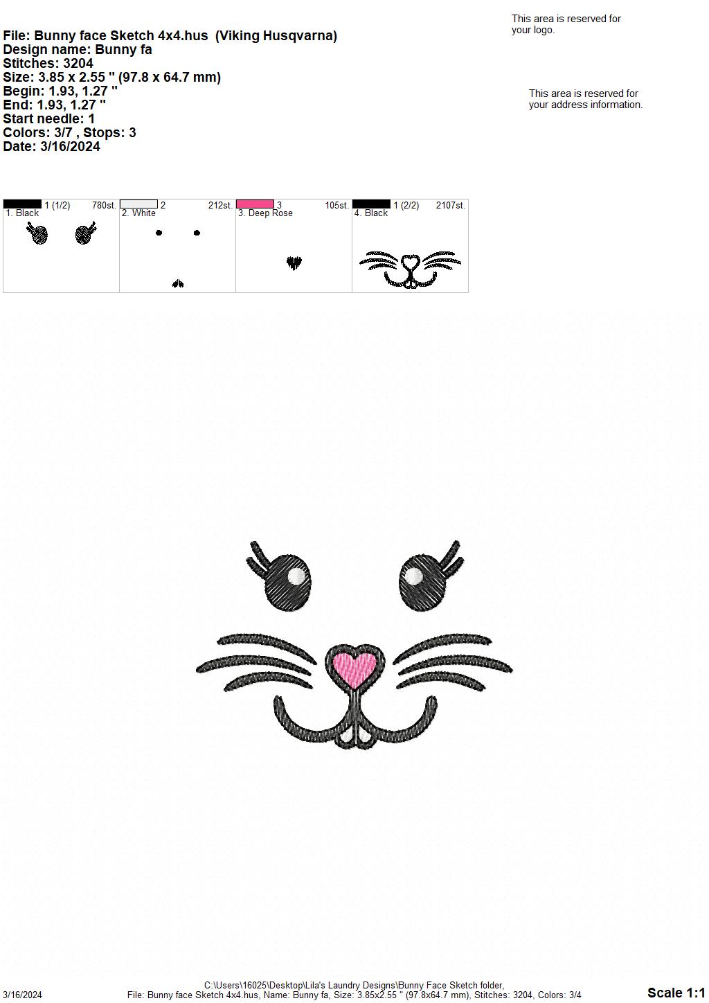 Bunny Face Sketch - 4 Sizes - Digital Embroidery Design