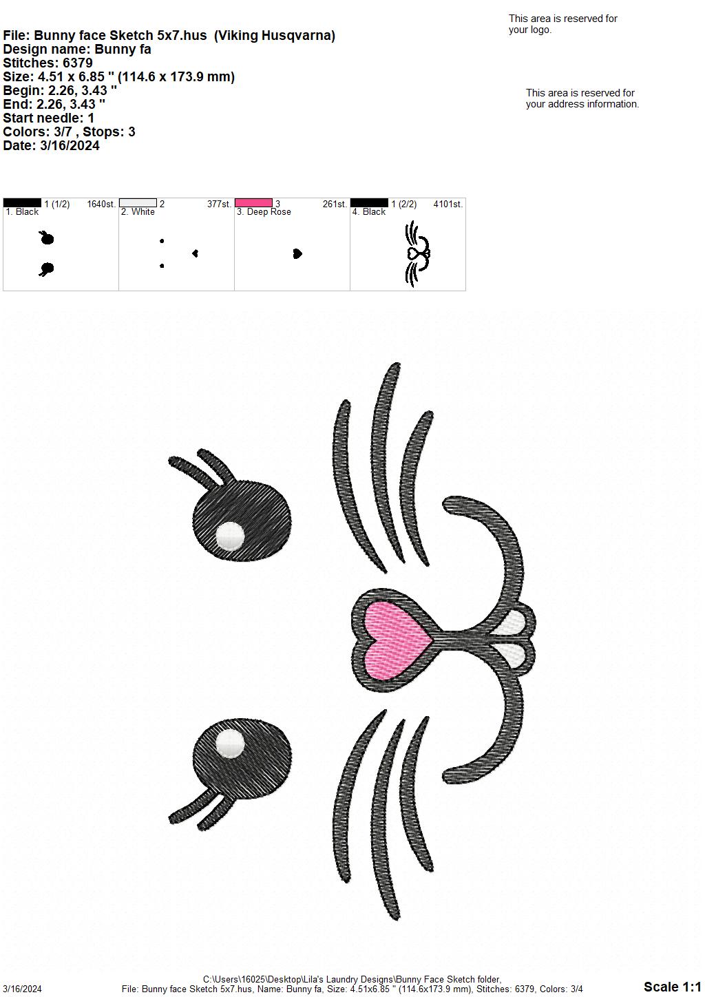 Bunny Face Sketch - 4 Sizes - Digital Embroidery Design