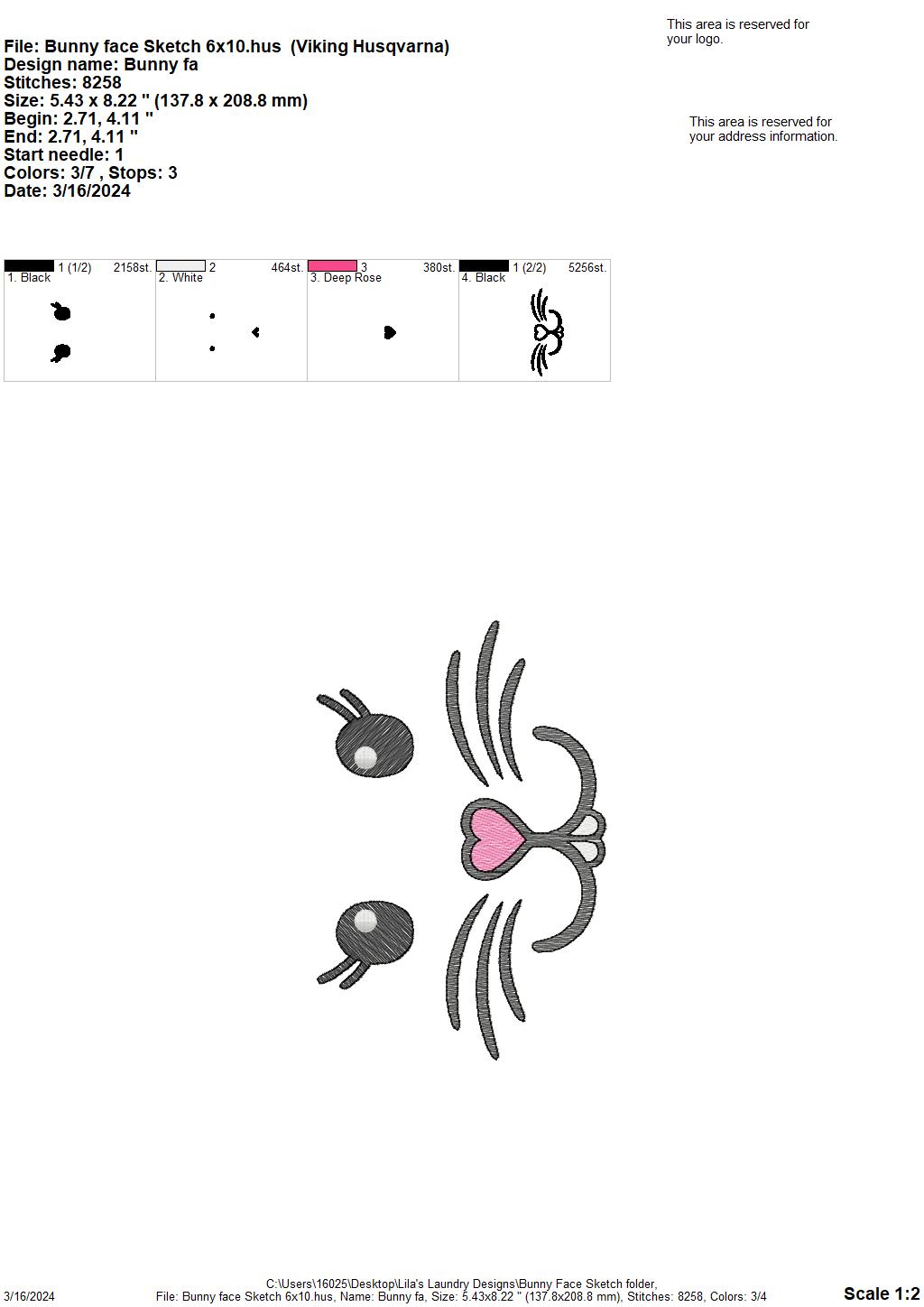 Bunny Face Sketch - 4 Sizes - Digital Embroidery Design