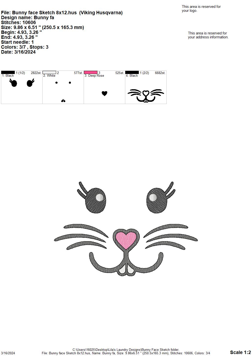 Bunny Face Sketch - 4 Sizes - Digital Embroidery Design