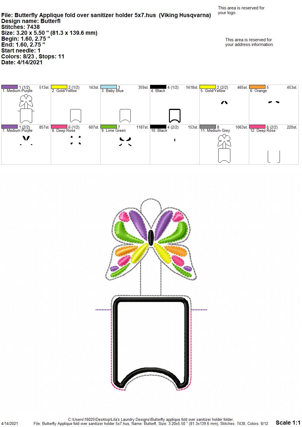 Butterfly Applique Fold Over Sanitizer Holder 5x7- DIGITAL Embroidery DESIGN