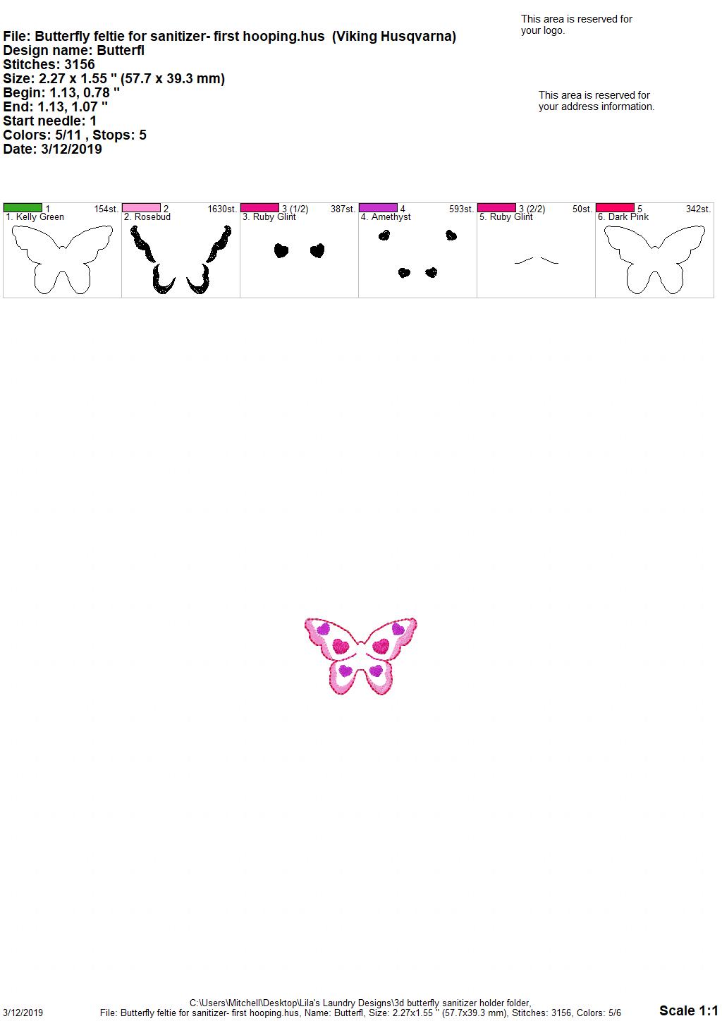 3D Butterfly Sanitizer Holders 4x4 and 5x7 included- Embroidery Design - DIGITAL Embroidery DESIGN