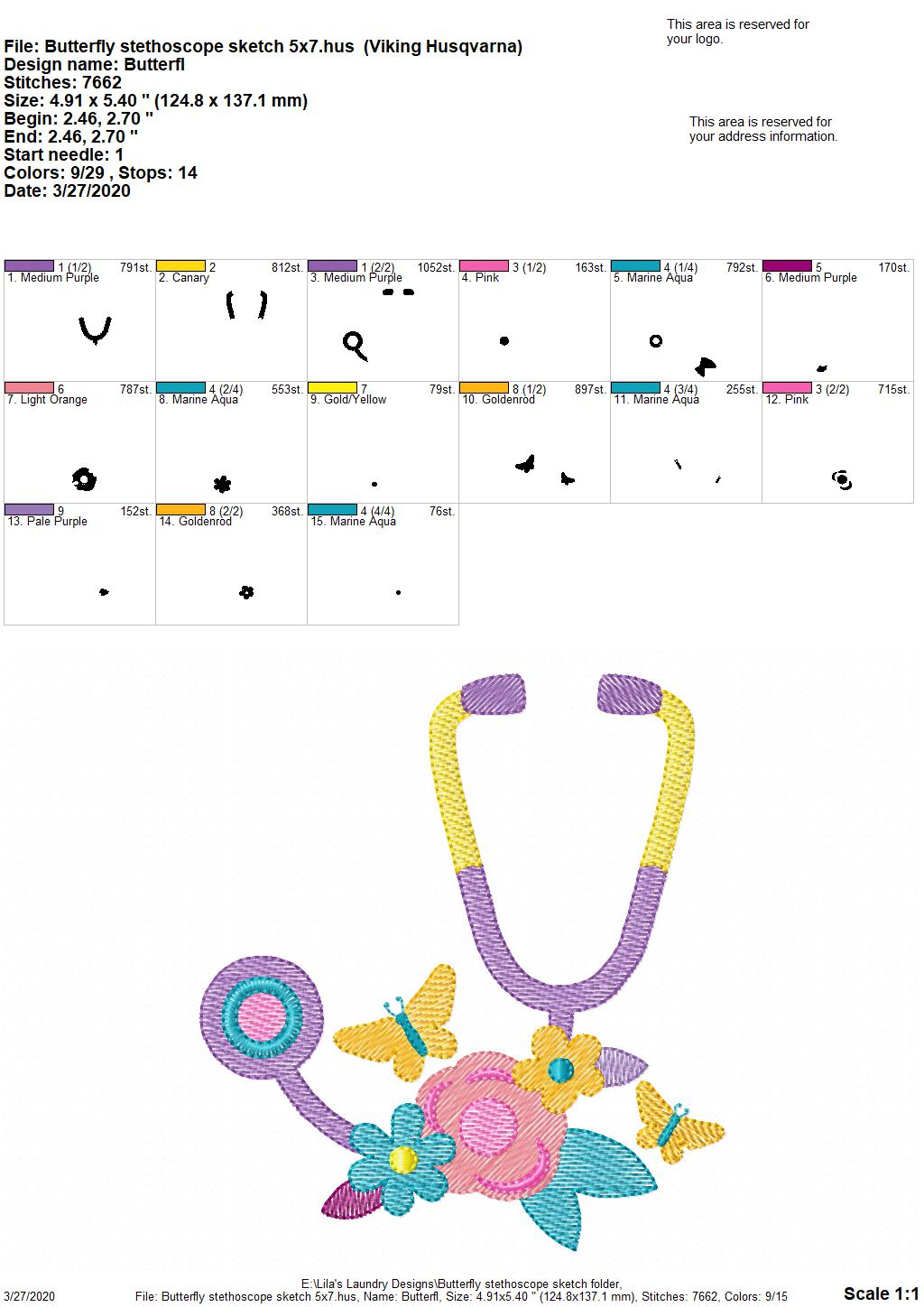 Butterfly Stethoscope Sketch - 3 Sizes - Digital Embroidery Design