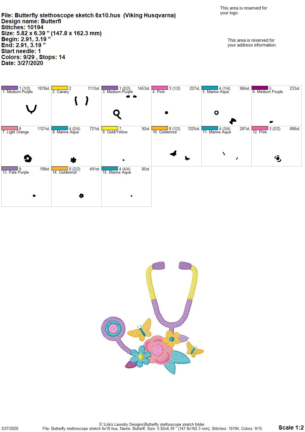 Butterfly Stethoscope Sketch - 3 Sizes - Digital Embroidery Design