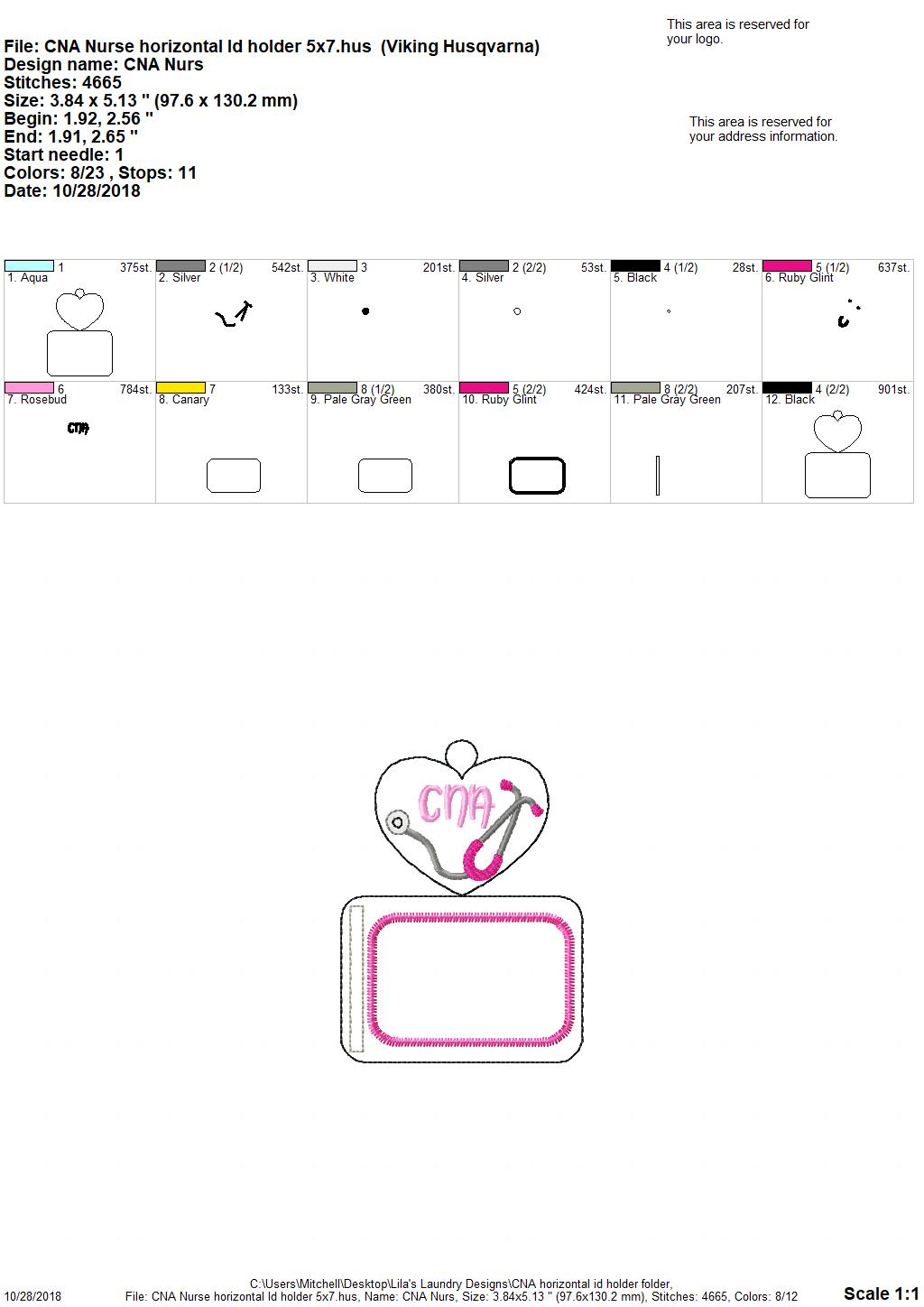 CNA Horizontal ID Holder 5x7 only - Digital Embroidery Design