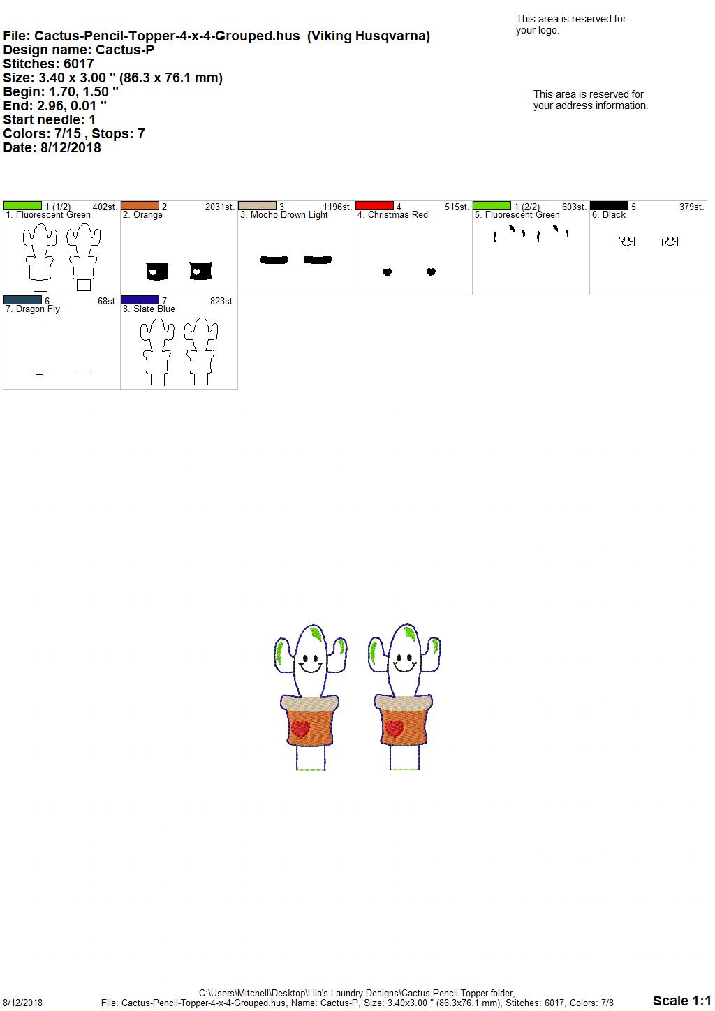 Cactus Pencil Toppers - Digital Embroidery Design