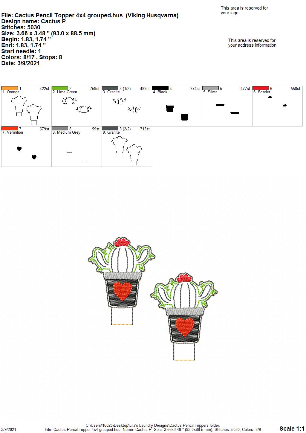 Cactus Pencil Toppers 4x4 and 5x7 included- DIGITAL Embroidery DESIGN