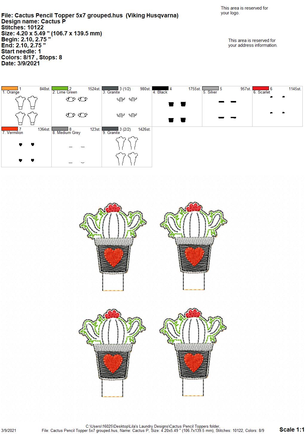 Cactus Pencil Toppers 4x4 and 5x7 included- DIGITAL Embroidery DESIGN
