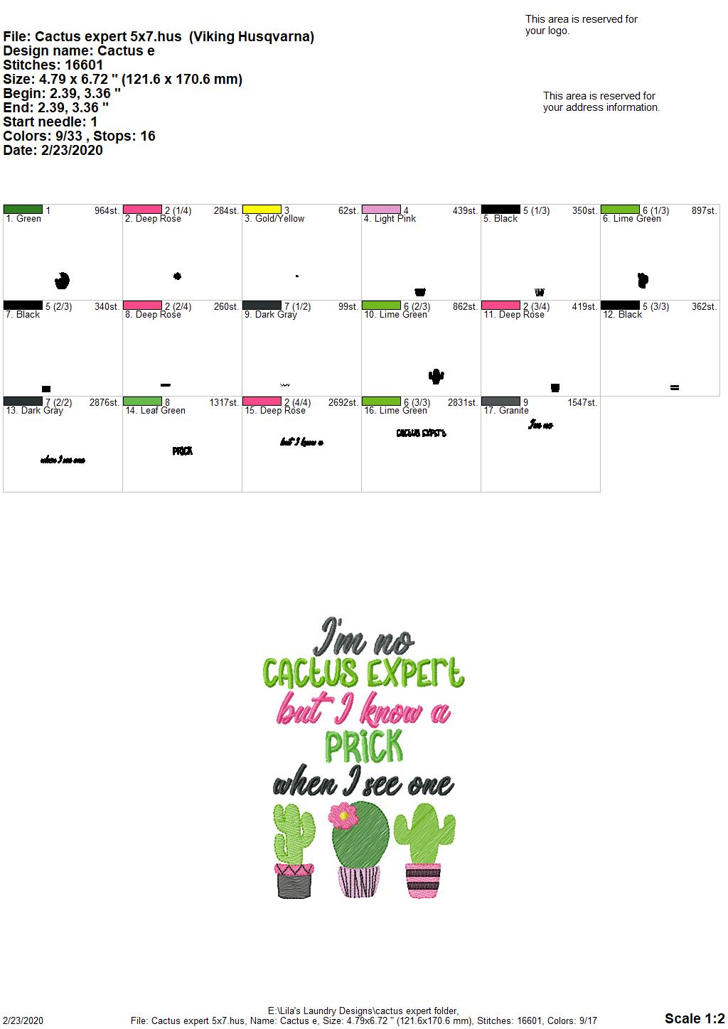 Cactus Expert 5x7 & 6x10 - Digital Embroidery Design