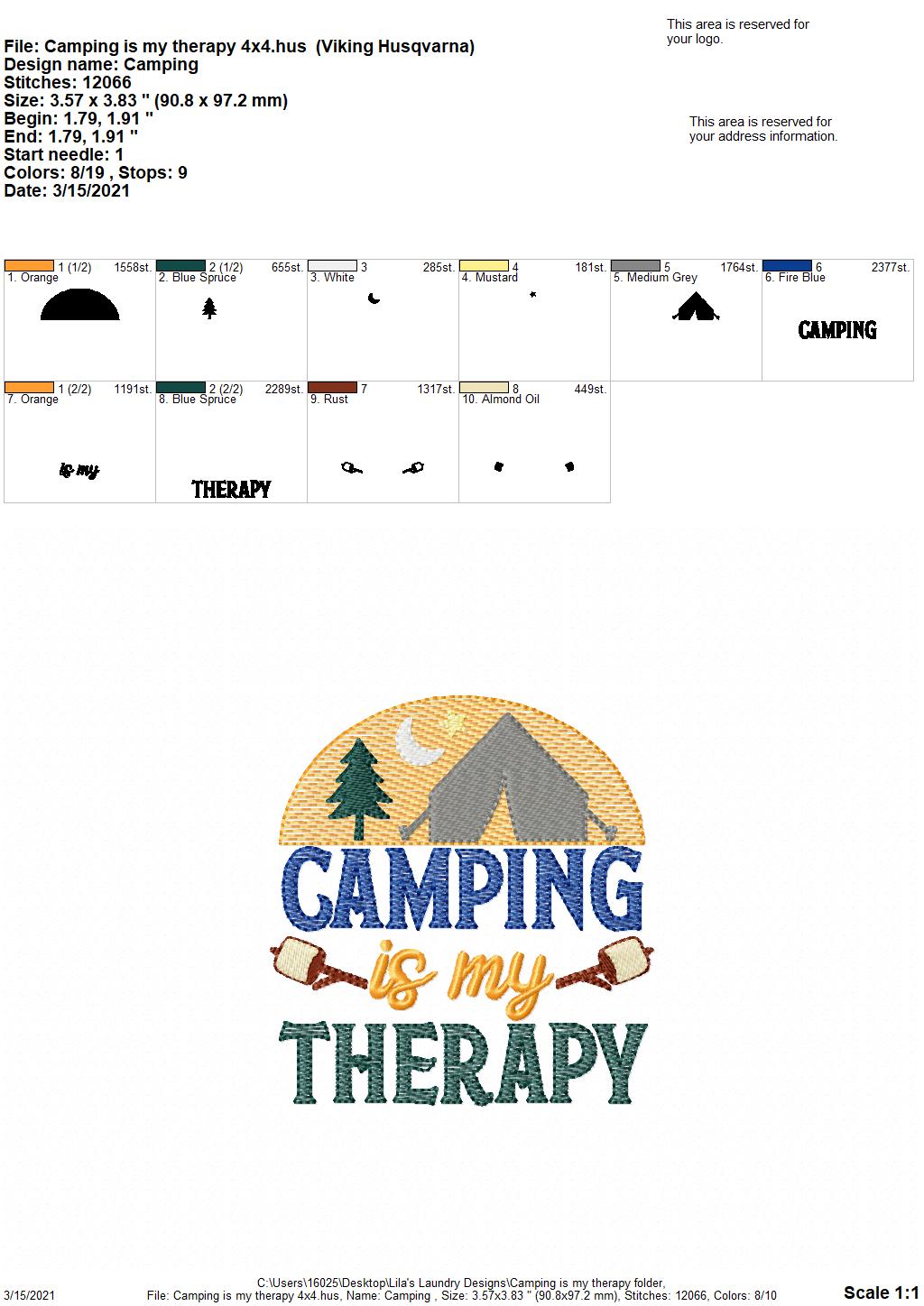 Camping is my therapy - 3 sizes- Digital Embroidery Design