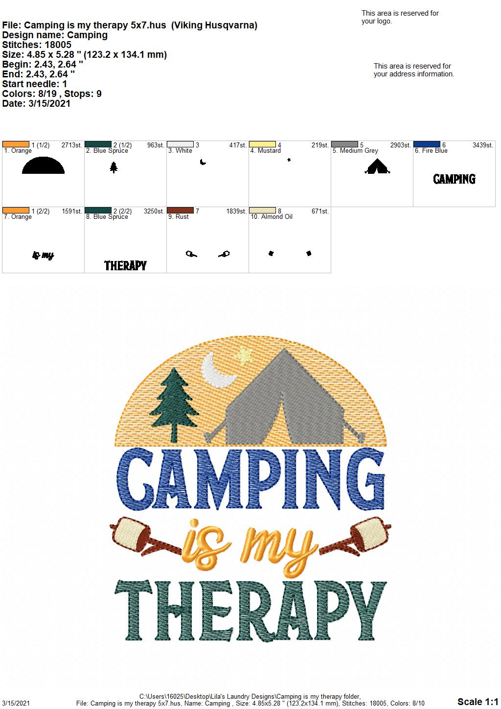 Camping is my therapy - 3 sizes- Digital Embroidery Design