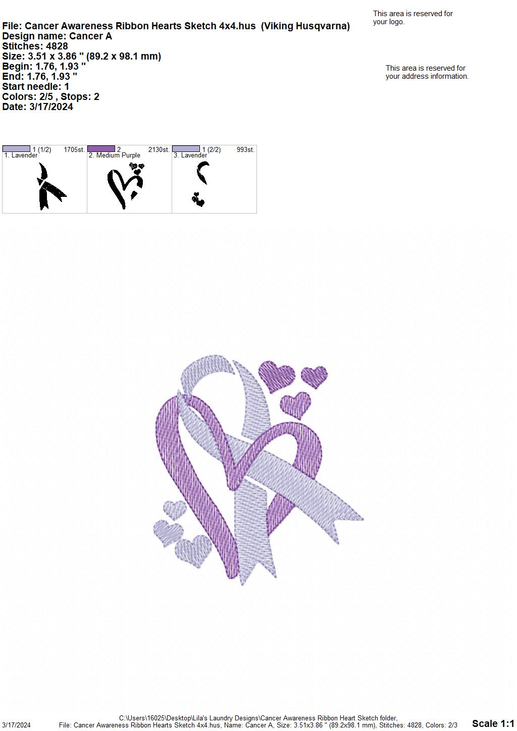 Cancer Awareness Hearts Sketch - 4 Sizes - Digital Embroidery Design
