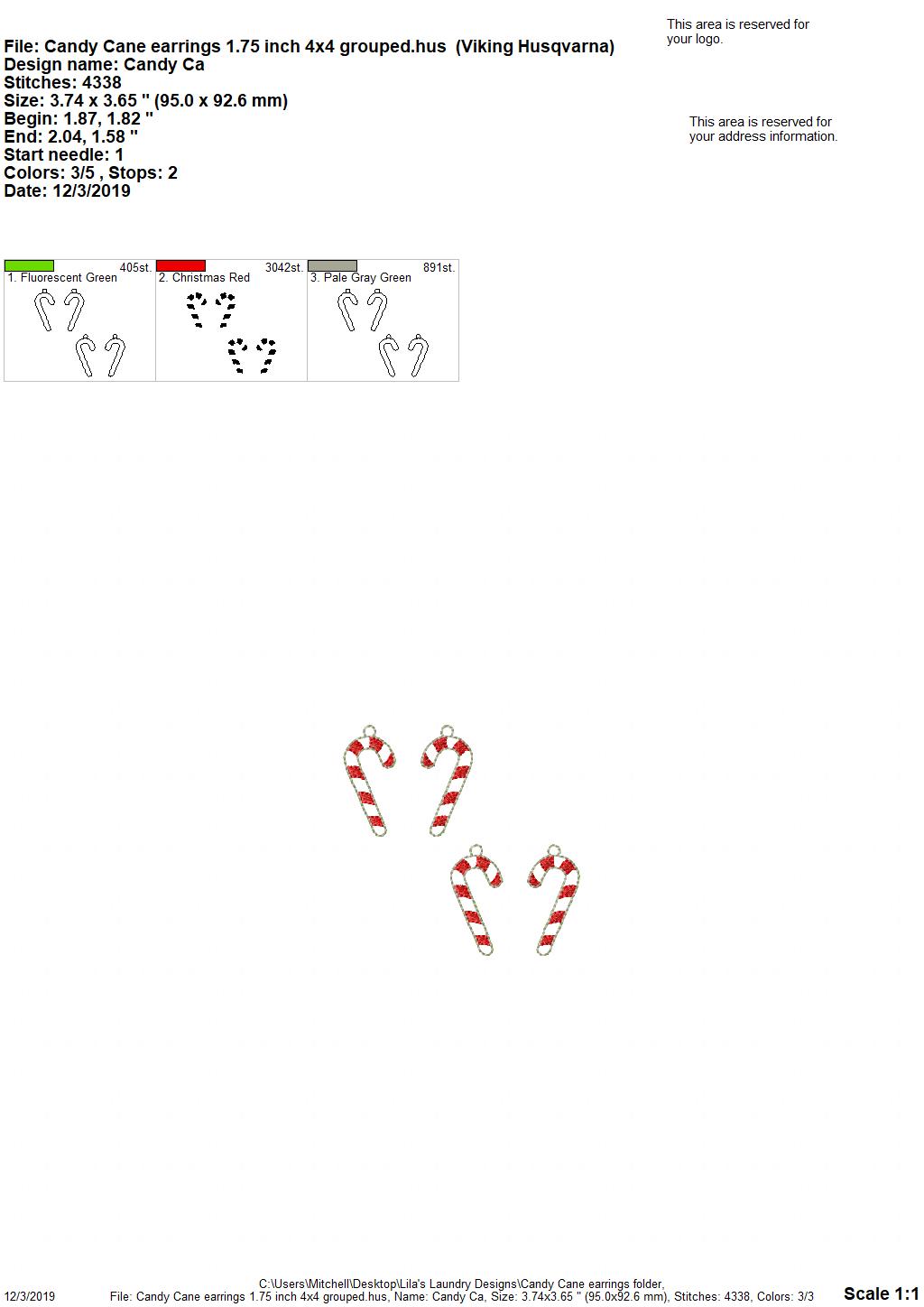 Candy Cane Earrings - 3 sizes - Digital Embroidery Design